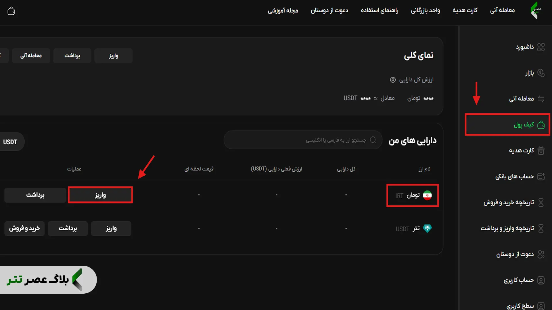 واریز تومان به صرافی عصر تتر